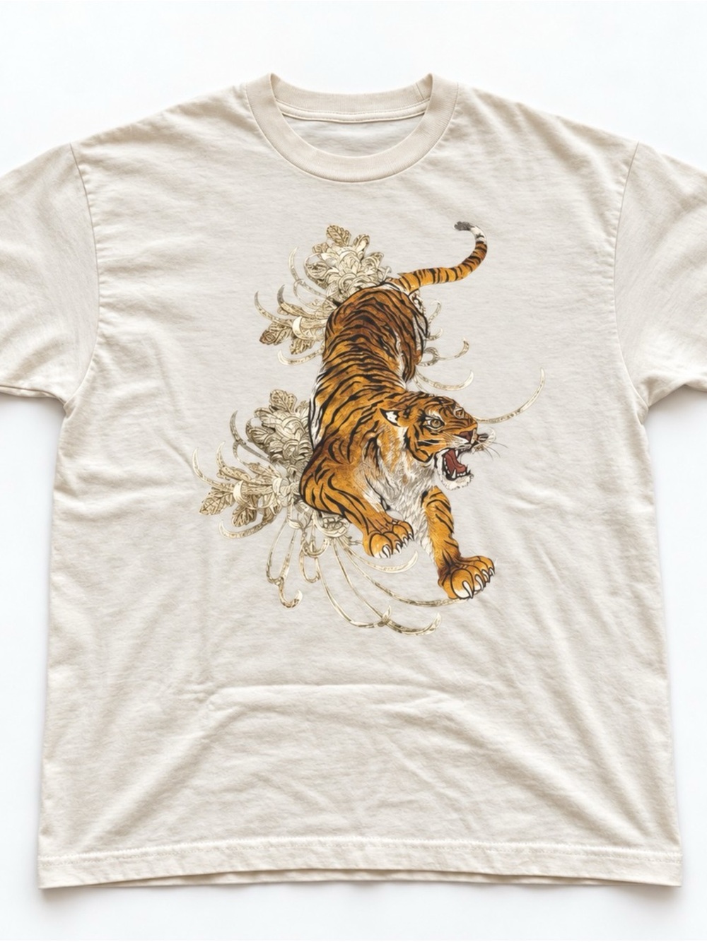 Tiger and Floral Natural Gildan Graphic T-Shirt